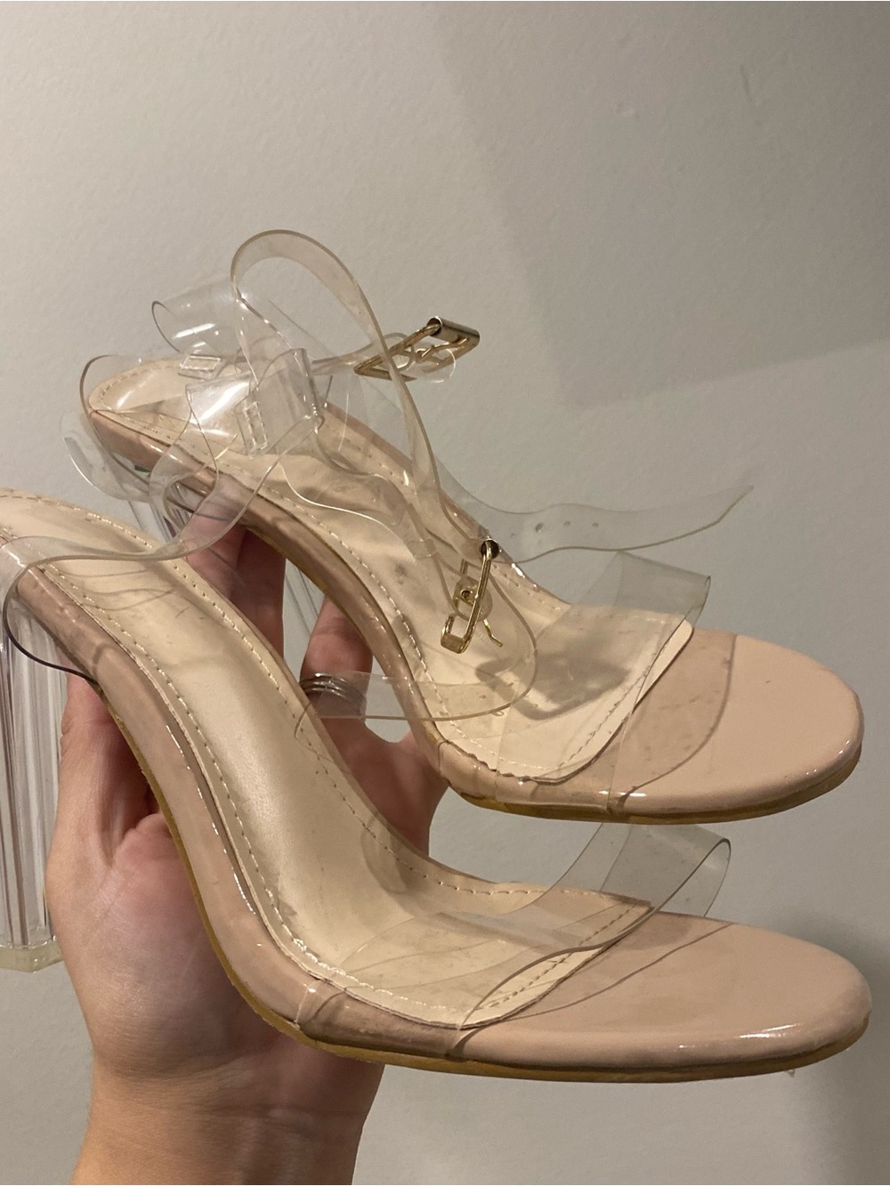 Clear Strap Nude Block Heel Sandals